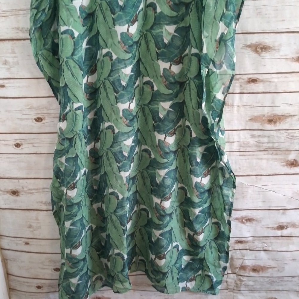Ayaeo Botanical Palm Green Silk 100% Kaftan Dress Cover Up Size Small / Medium - Picture 9 of 11